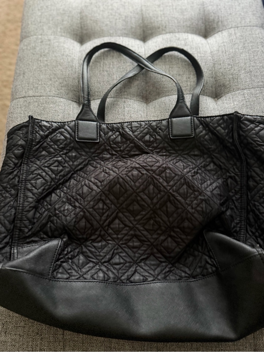 Black Quilted Tote Bag with Leather-Trim Handles